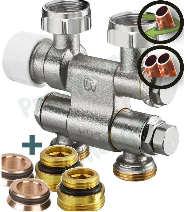 Robinet thermostatisable orientable multiblock T (monotube/bitube) Raccord eurocône Ø M3/4'' + jeu de pastille eurocône ou de mamelon