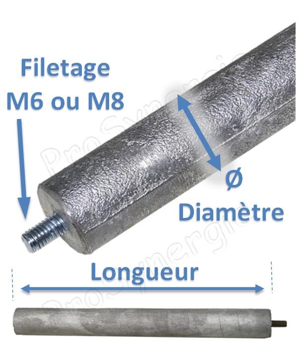 Anode magnésium Ø 26 mm Longueur 500 mm - Filetage M8 x 30mm