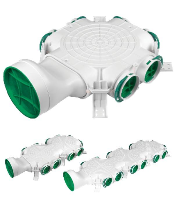 Répartiteur (distribution) raccordement latéral Ø 160 ou 125 mm avec 6 à 14 piquages Ø 75 ou Ø 90 mm (tuyau annelé ventilation type Optiflex)