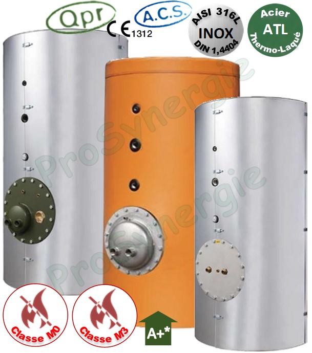 Ballon +Eco Tampon ECS 1000 Litres Vertical sur pieds ATL T<85°C -1 trous d´homme DN 400 Isolant Classe M0 ép.100mm - HxØ=1975x1100mm + Réchauffeur PAC 28KW (55/47°C -> 10/45°C)