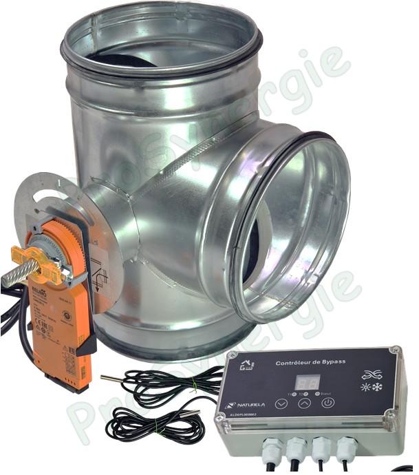 Kit registre motorisé by-pass 3 voies Ø 160 mm pour puits canadien à air avec régulateur différenciel configurable et 2 sondes T° 