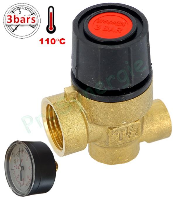 Soupape laiton NF 3 bars 110°C sûreté chauffage (P < 100 KW) ØF 1/2'' + mano 0-4bars Ø 50mm axial Ø 1/4''