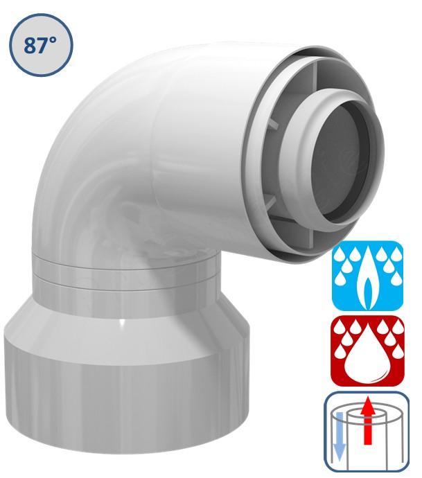 Coude concentrique PP/Alu réduit  finition Aluminium laqué blanc Ø  80/125 mm vers Ø  60/100 mm