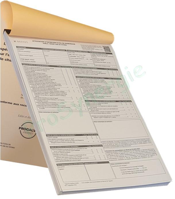 Carnet de 50 attestation d'entretien et/ou de ramonage poêle, chaudière ou insert air hydro bois bûche et granulé