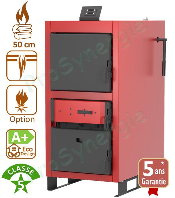 Chaudière bois (bûches 50 cm) à gazéification (combustion inversée) classe 5 LCG 32 kW, (haut rendement 93 %) HxLxP= 1468x590x1188mm Contrôleur de combustion + extracteur de fumée et raccordement Ø150mm