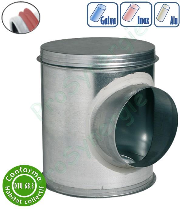 Caisson piquage (té de souche) option acoustique et aérolique pour tuyau de ventilation Ø 125 à 630 mm - Option galva / inox / aluminium / avec ou sans joint