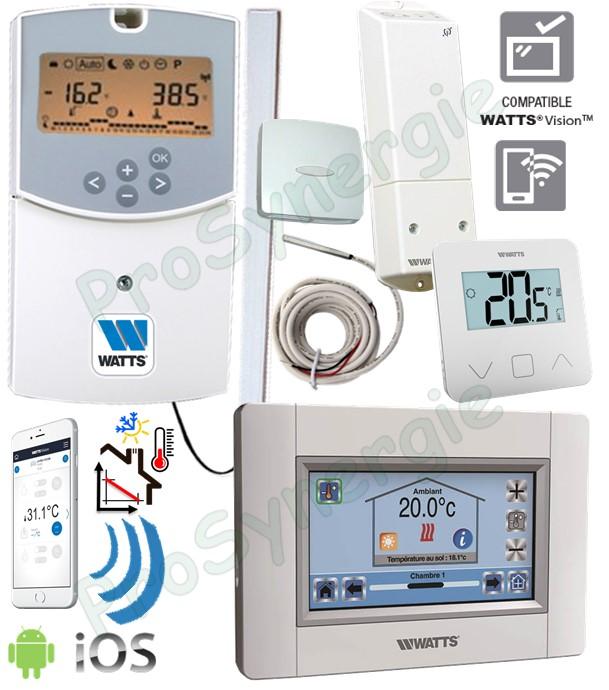 Kit régulation climatique chauffage (loi d´eau) pour circuit régulé (sur vanne de mélange motorisée) avec dérogation d'ambiance Watts Vision connecté (pilotable à distance)