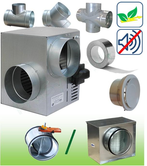 Kit Emeraude - Moteur de récupération d´air chaud de 300 à 550 m³/h (pour 2 à 8 pièces) - moteur, filtration, bouches, dérivations et accessoires