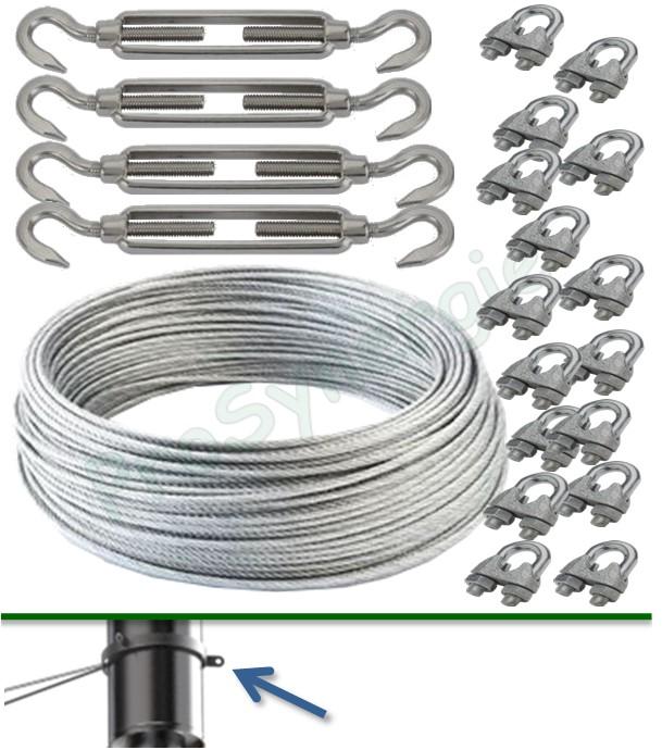 Kit d´accessoires pour collier hauban (câble 16 mètres, 4 tendeurs et 16 serres-câble) 