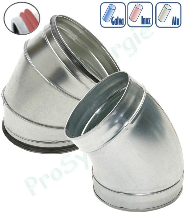 C45 - Coude 45° Ø 80 à 1250 mm pour tuyau (air ventilation) - Option galva / inox / aluminium / avec ou sans joint