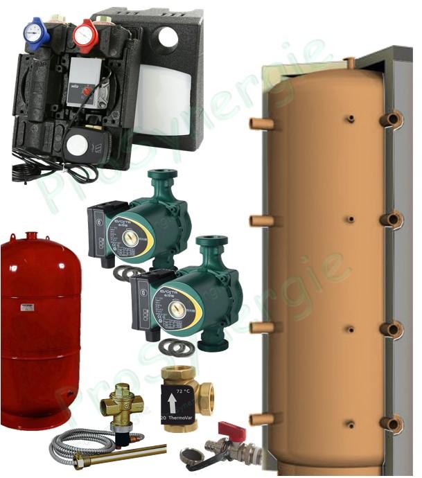 A - Kit Vannerie et gestion de l'eau (groupe de relève de température, circulateurs, ballon tampon, vase d'expansion, sécurité...) pour chaudière bois-bûche 20, 30, 40 ou 50KW