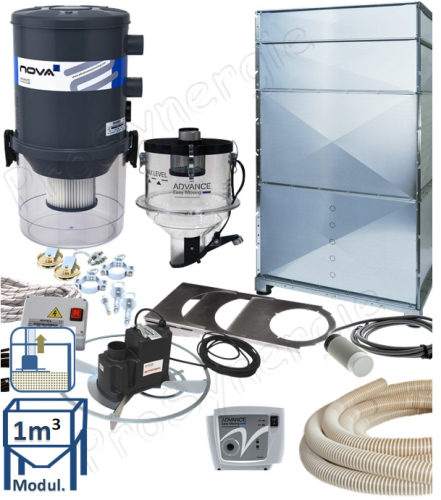 Kit automatique transfert de granulés à partir d´un stockage fond plat (1m³) avec une taupe (suspendu au plafond), vers le remplissage d´un poêle/chaudière avec un doseur