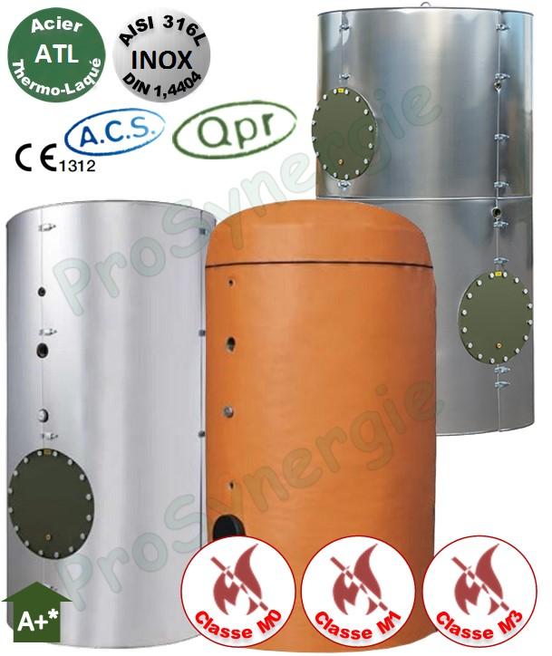 Ballon +Eco Tampon ECS 1000 Litres Vertical sur pieds Inox 316L T<95°C -1 trous d´homme DN 400 Isolant Classe M0 ép.100mm - HxØ=1975x1100mm
