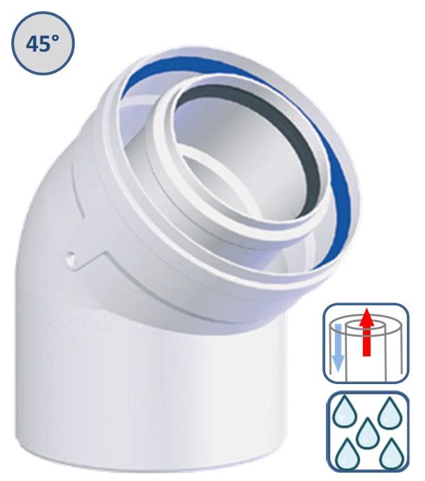 Coude 45° Concentrique PPs/Alu pour chaudières Gaz/Fioul Condensation