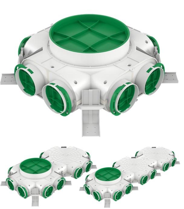 Répartiteur (distribution) raccordement perpendiculaire Ø 160 ou 200 mm avec 8 à 16 piquages Ø 75 ou Ø 90 mm (tuyau annelé ventilation type Optiflex)