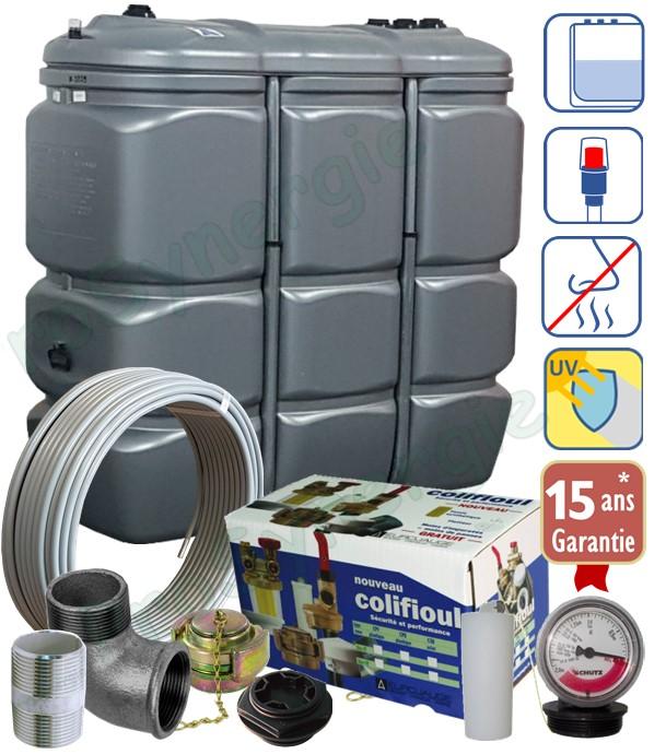 Kit cuve Fioul PEHD double paroi « Intégrale » 1500 litres avec équipements (mesure, ventilation, soutirage et remplissage) et tuyau de liaison de 20 mètres