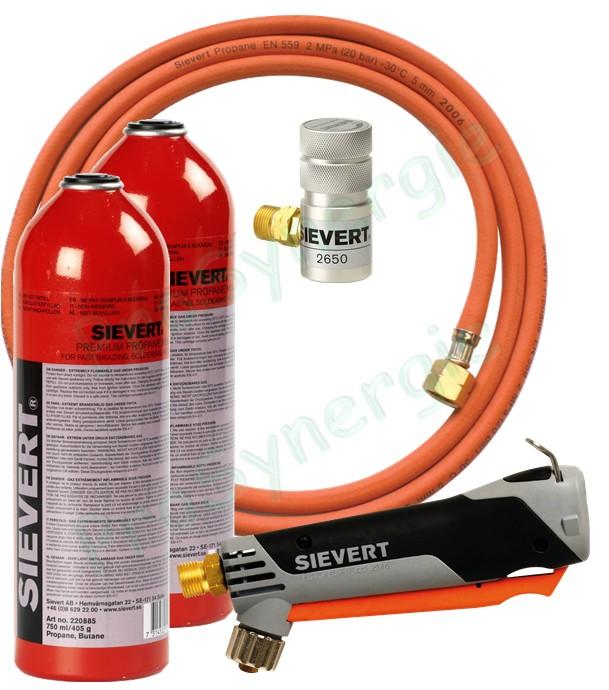 Ensemble Chalumeau Promatic comprennant détendeur, 2 cartouches Cartouche rouge Propane / butane 750 mL et 2 m de tuyau