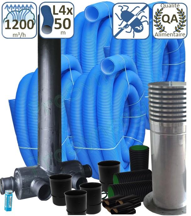 Kit puits canadien très grand débit 1200m3/h (géothermie air), 4 échangeurs 300m3/h de 50 mètres, prise d´air, regard 4 départs et 4 traversées dalle ou mur