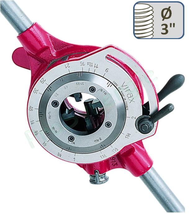 Filière manuelle ajustable à 1 cliquet Tête 1 à 3'' avec jeux de peignes pour Ø 1 à 1.1/4'' et 1.1/2 à 2'' et 2.1/2 à 3'' BSPT Droite