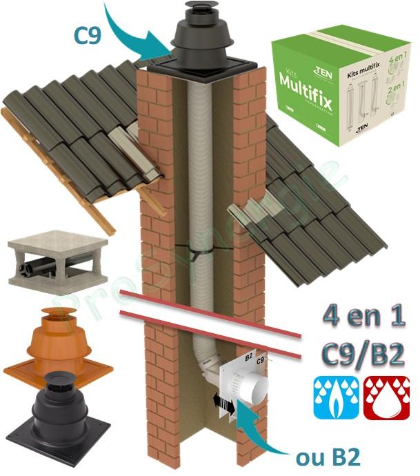 Kit Multifix Condens - 4 en 1 (Plafond / Mural - C9 / B2) pour flexible PP Ø 80 mm et raccordement concentrique Ø 80/125 mm
