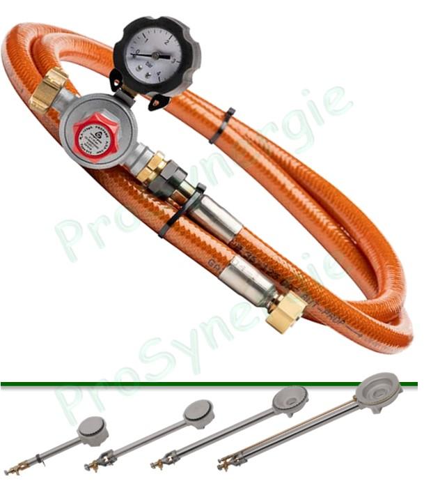 Kit alimentation comprenant un tuyau 1,2 m tressé inox et un détendeur réglable de 0,5 à 1,5 bar pour brûleur série EXP6XX