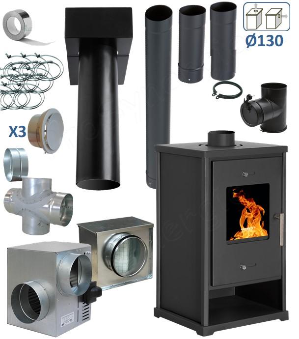 Ensemble poêle à bois Eko 4, 10 kW + Tubage de raccordement émaillé + système complet de récupération de chaleur (Heress, moteur avec bouches, caisson de filtration et raccords)