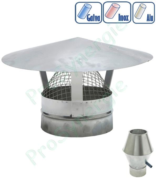 CP / CPR / CPV - Chapeau conique grillagé option ''anti-vents'' ou rejet vertical ''pare pluie'' +purge Ø 80 à 1000 mm pour tuyau (air ventilation) - Option galva / inox / aluminium