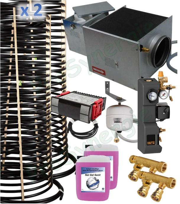 Kit puits géothermique Echangeur hydraulique deux  corbeilles  (environ 2KW) avec pompe et sécurité + batterie avec filtre à air Ø160mm et régulation