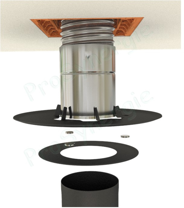 Rosace de finition (plaque de propreté ronde) inox laqué noire RAL9005 avec ventilation Øext. 400mm pour conduit de fumée Ø 139 mm