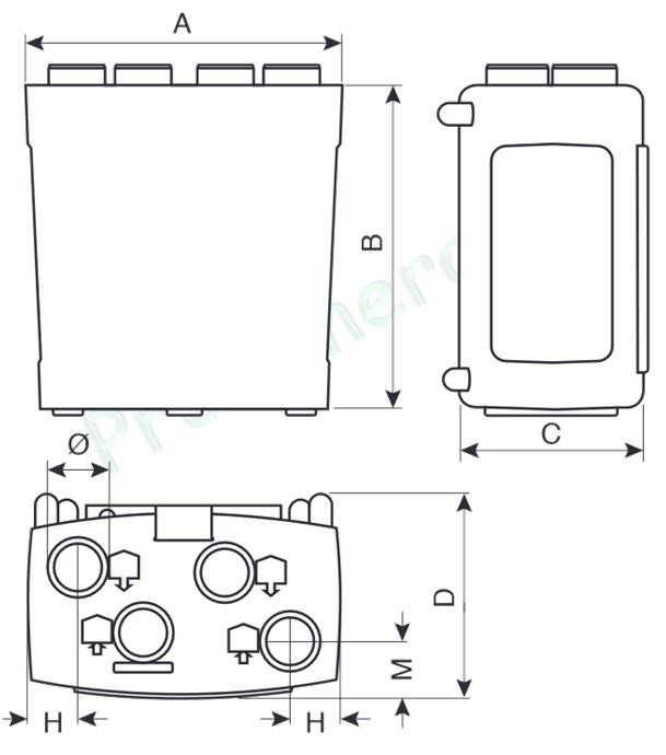 Prometeo - VMC Double flux basse consommation, 375 m3, en local technique ou combles, 4 piquages Ø150 mm, échangeur de chaleur à contre-courant, alimentation 230 V, 48 W Th-C max.