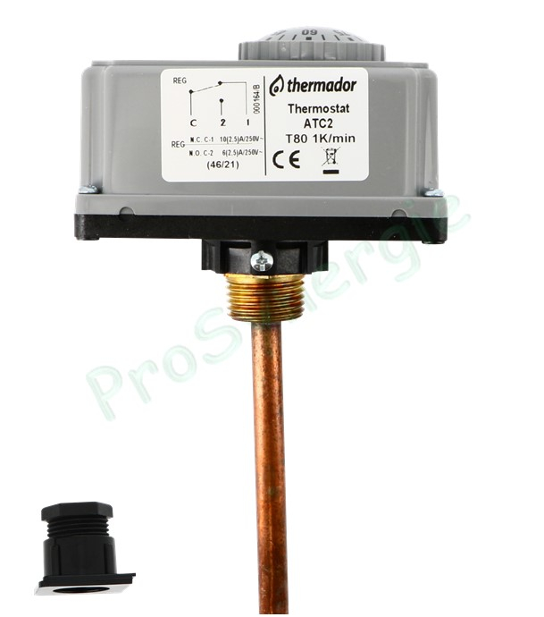 Aquastat à plongeur simple IP40 - 2.5A - 0 à 90°C + doigt de gant ØM 1/2´´- Avec plongeur de 100 mm