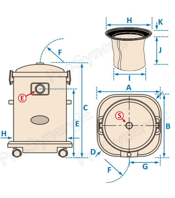 Cuve acier de séparation cendre froide, eau et poussière avec filtre (Ø*H= 410x610mm) + tuyau de raccordement prise d´aspiration + Filtre protection tissu ignifuge