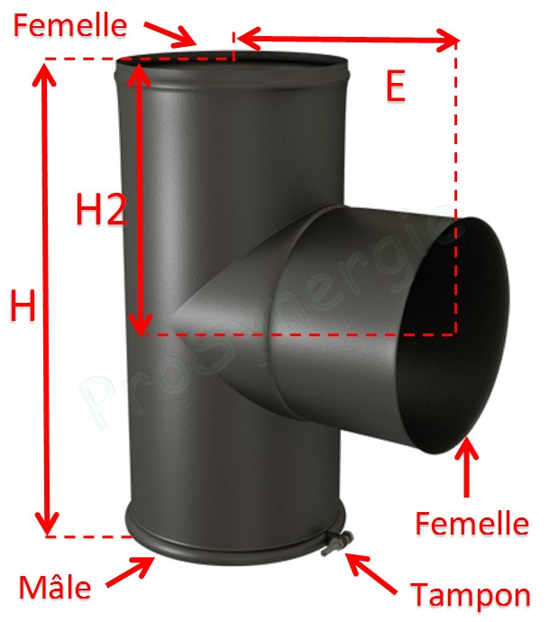 Té de raccordement pour tuyau de poêle Standard (+ tampon) Acier émaillé noir mat Ø 139, Hauteur30 cm (Utile 24 cm)