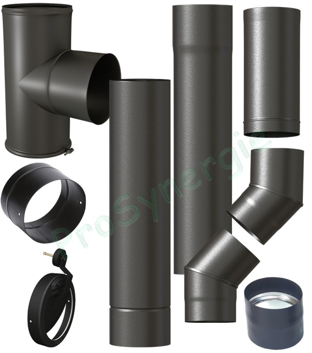Kit raccordement 2x 45° Email Noir Mat télescopique (hauteur réglable de 1.57 à 2.07 mètres) dessus de poêle Ø 180 mm sur conduit existant plafond avec limiteur de tirage