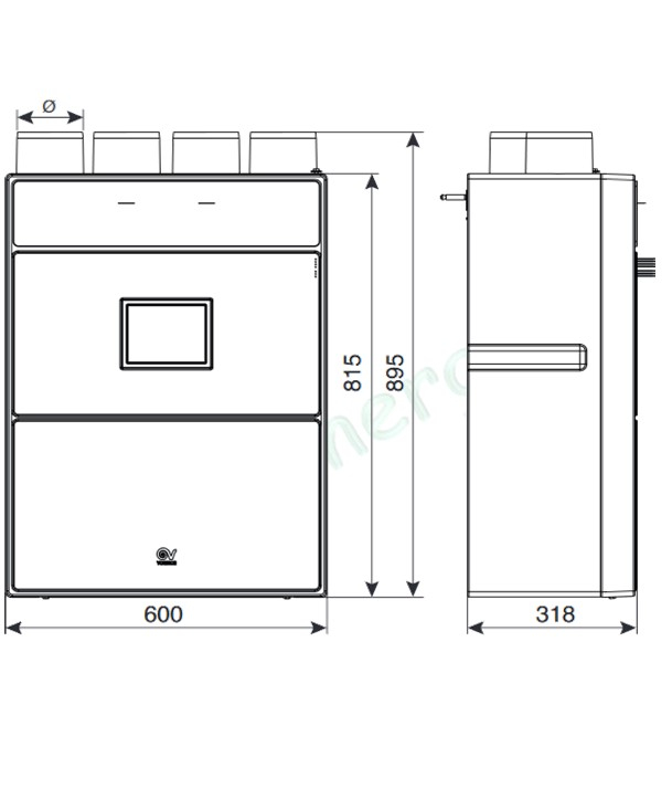 Neti - VMC Double flux basse consommation, 325 m3, en local technique ou placard, 4 piquages Ø125 mm, échangeur de chaleur à contre-courant, alimentation 230 V, 29,1 W Th-C max.