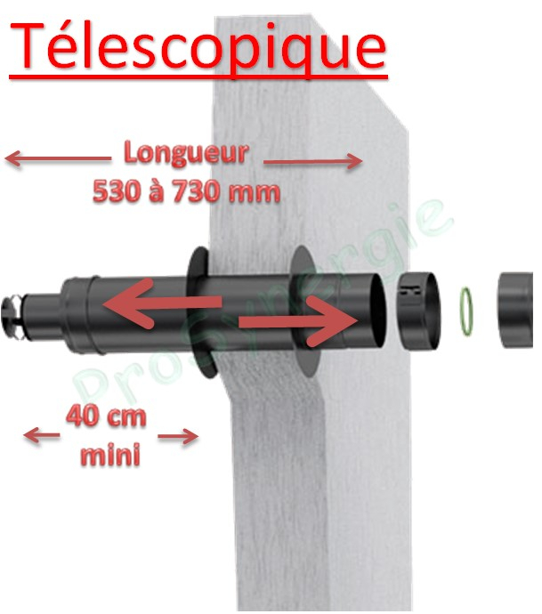 Terminal horizontal concentrique Bioten Ø 80/125 mm long. télescopique 530 à 730 mm (+ 2 rosaces de finition murale)