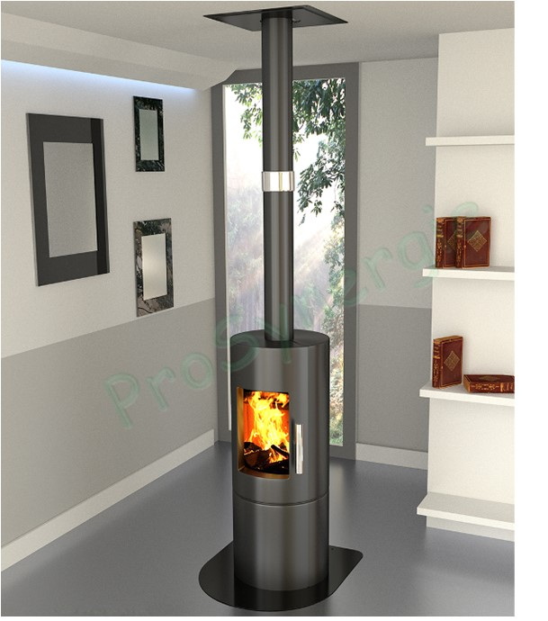 Kit raccordement Email Noir Mat télescopique (hauteur réglable de 1.28 à 2.04 mètres) dessus de poêle Ø 150 mm sur conduit existant plafond avec limiteur de tirage