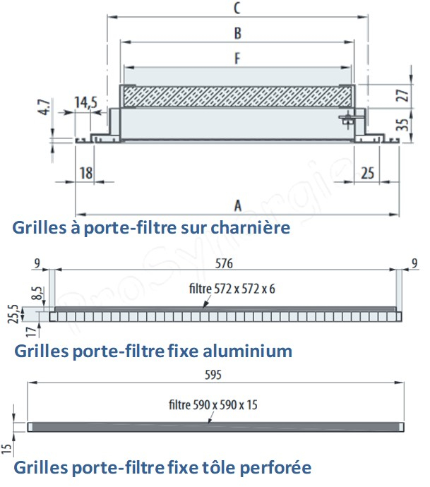 GRSC A  - Grille de reprise d´air à porte-filtre sur charnières, dimension 595x595 mm, à résille droite, couleur Blanc mat RAL 9010
