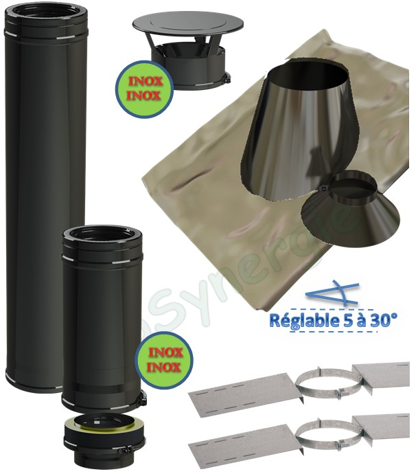 Kit S/Rampant - Conduit cheminée Isolé (Duoten) hauteur utile 1,4 mètres Int./Ext. = Inox 304 / (I 304 ou Galva) laqué noir (RAL9005) - Øint/ext 250/300mm