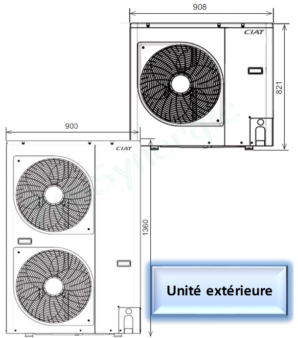 Unité extérieure Pompe à chaleur Bi Bloc (Split) YUNA II 6H réversible inverter 230V - 1.59A / Pc 6.55KW (7/6°C 30/35°C) Pf 4.73KW (7/12°C 35°C) - LxHxP=900x400x820mm