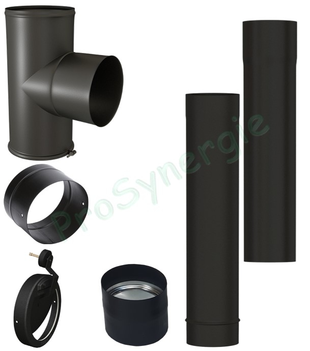 Kit raccordement Email Noir Mat télescopique (hauteur réglable de 1.28 à 2.04 mètres) dessus de poêle Ø 180 mm sur conduit existant plafond avec limiteur de tirage