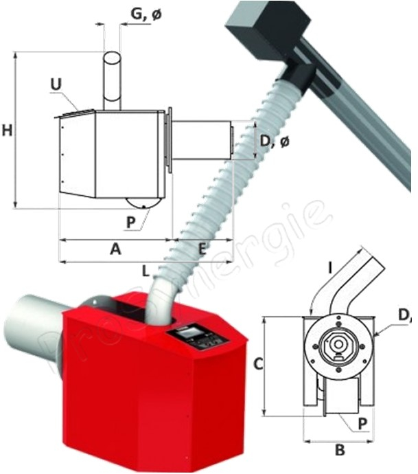 Brûleur à granulés Pell Confort V2 (avec vis interne et compresseur nettoyage) de 15 à 70 KW régulateur électronique intégré (analyse T° + commande combustion, alimentation vis externe et sécurité) avec vis sans fin d´alimentation 3 mètres