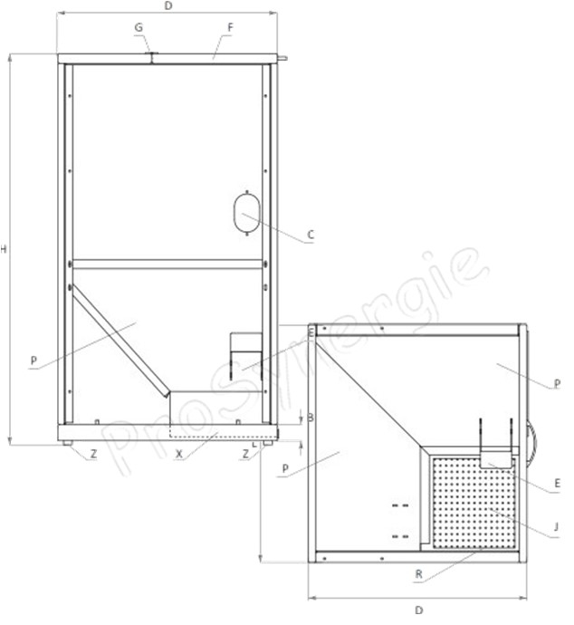 Silo granulés 500 litres (environ 350 Kg) acier galvanisé avec habillage caréné rouge, couvercle de fermeture, trapes de visite et raccordement réversible - HxLxP = 1260x772x730mm