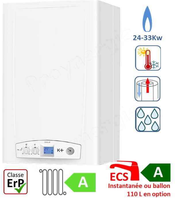 K+ - Chaudière murale Gaz Nat. & GPL 3 à 33Kw Condensation (chauffage seule ou mixte avec ECS instantantané) raccordement ventouse Øint/ext 60/100mm