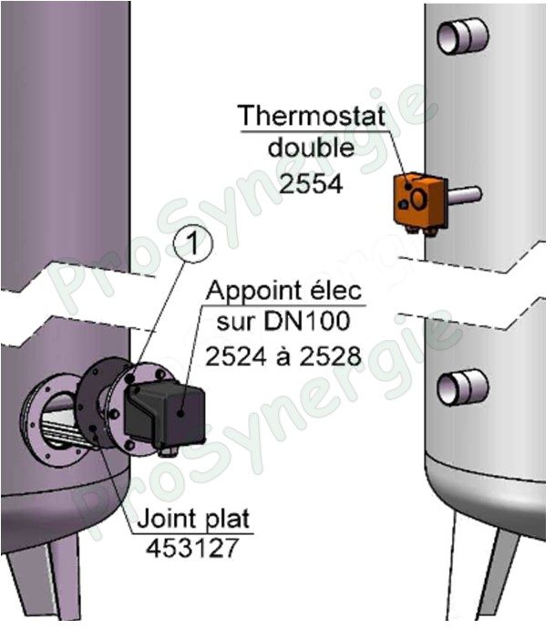 Kit Thermoplongeur Coudé Capoté IP55 400V Tri 3 à 12 KW monté sur bride DN 100 sans Thermostat