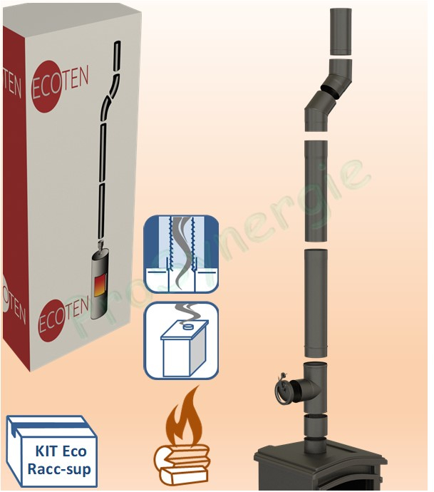 Kit raccordement 2x 45° Email Noir Mat télescopique (hauteur réglable de 1.57 à 2.07 mètres) dessus de poêle Ø 150 mm sur conduit existant plafond avec limiteur de tirage