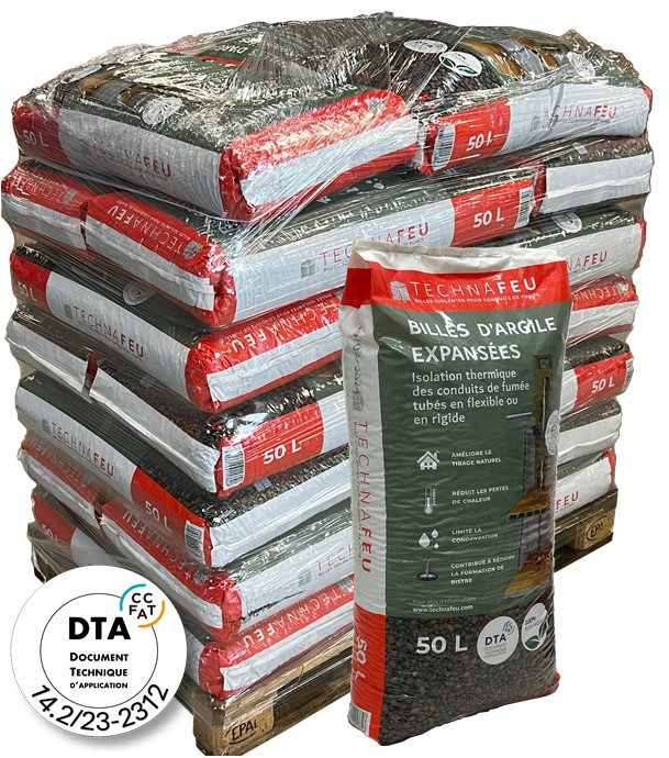 Palette 1.04m3 - 21 sacs Technafeu Sac de 50 litres Isolant thermique (grains d´argile expansé 4/10mm) pour l´isolation conduit de fumée