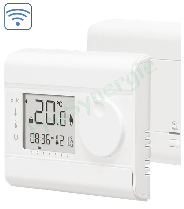 Thermostat d´ambiance numérique radio (2,4 à 2,48GHz) +5 à +30°C (2 pilles LR6 1.5V) - contact inverseur 230V 5(2)A IP30