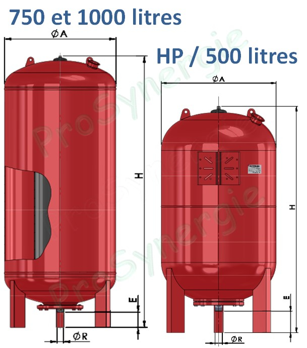 Vases sanitaires ACS eau potable froide/chaude sur pieds à bride, vessie série Ultra-Pro Contenance 100 Litres Ø x Haut. = 450 x 950mm - Raccord ØM1´´ + raccord ØM1/2´´