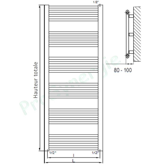 Mahana galbé - Sèche serviette tubulaire (RAL 9016) chauffage central mixte (élec.) HxL = 1496x500mm - Puissance = 631W (élec. 500W)
